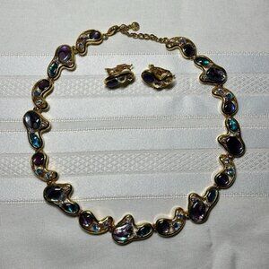 Vintage Butler necklace  clip on earrings Gold tone purple  blue accents